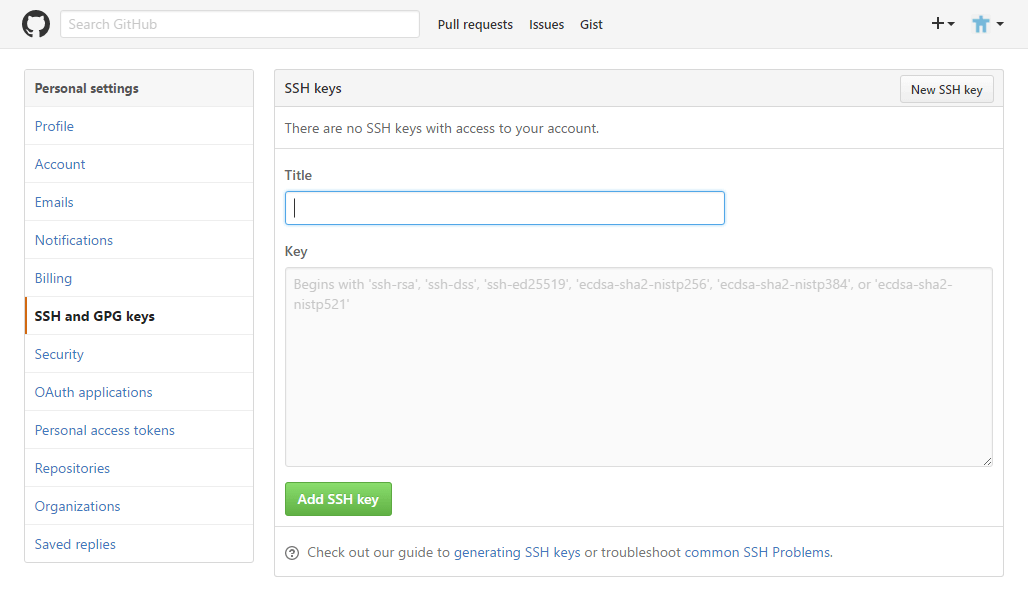 Github 新增 SSH 金鑰的網頁截圖
